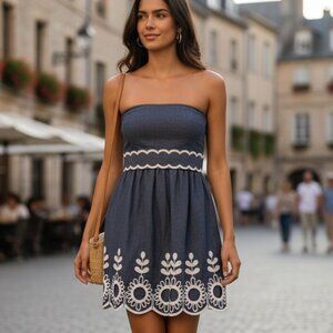 Tibi Dark Charcoal Gray Strapless Floral Embroidered Fit Flare Dress Wool Size 2